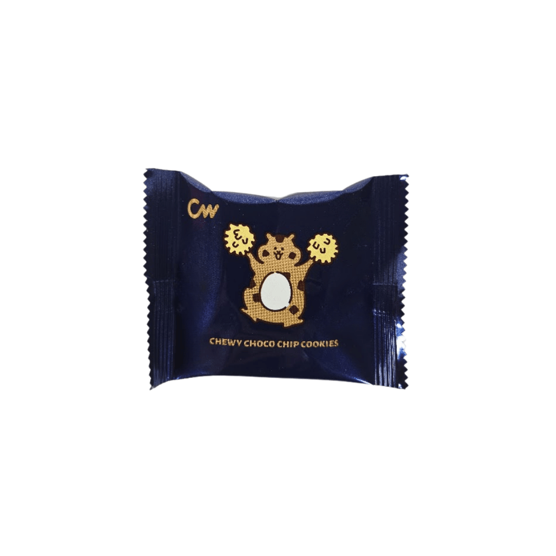 Dark blue packaging of chewy choco chip cookies with a brand logo on a white background