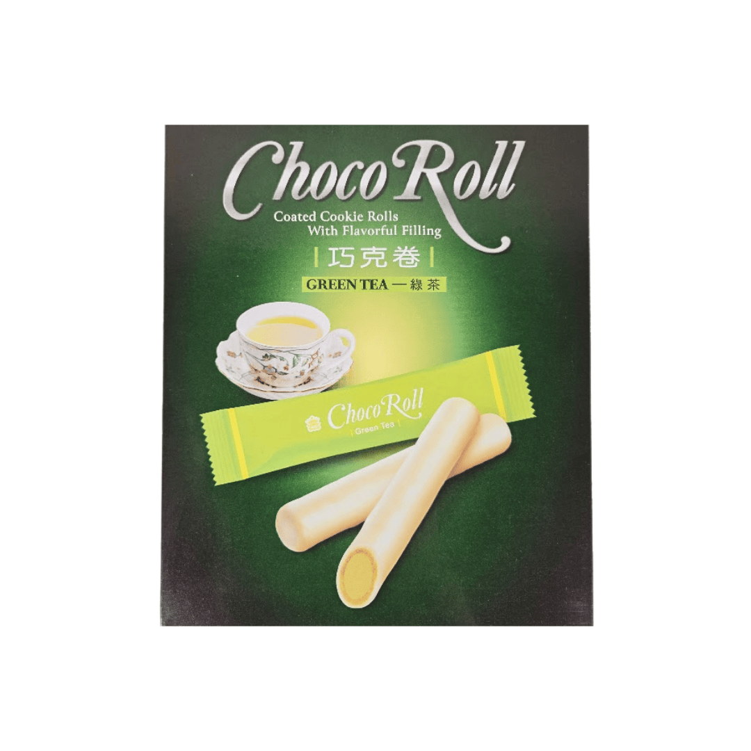 Choco Roll Green Tea with a cup of tea on a dark green background.