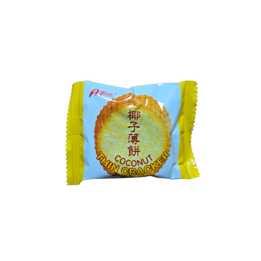 A package of A-Taste Coconut Thin Crackers, a delightful Asian snack featuring an image of the crackers and Chinese text.