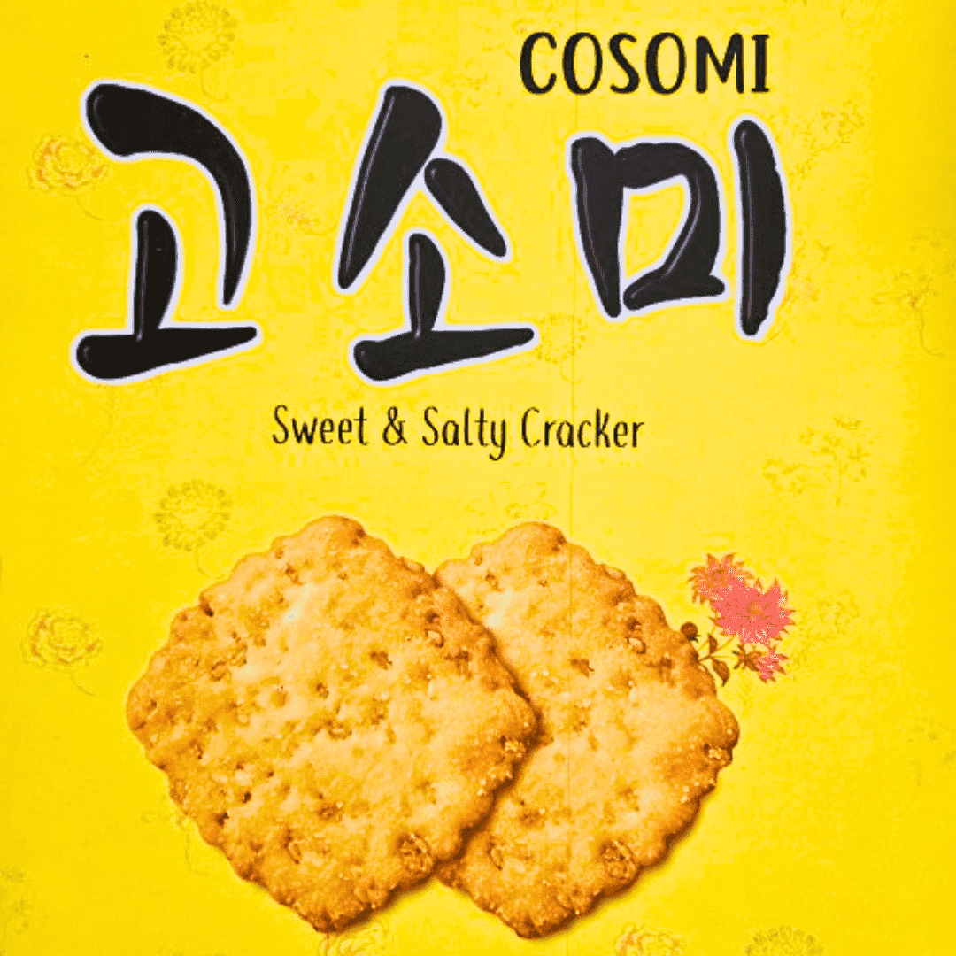 Yellow package with black text "Cosomi Sweet & Salty Cracker" and two sweet and salty crackers below.