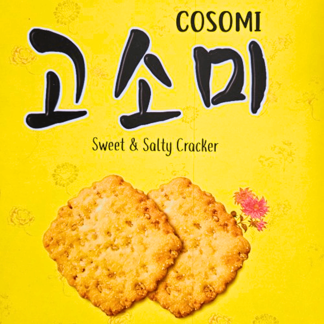 Yellow package with black text "Cosomi Sweet & Salty Cracker" and two sweet and salty crackers below.