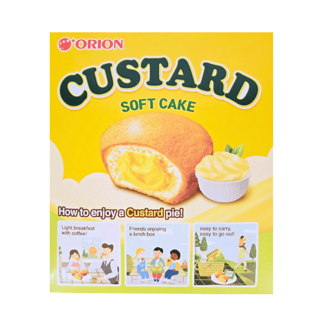 Orion Custard Soft Cake packaging with images of people enjoying the custard soft cakes.
