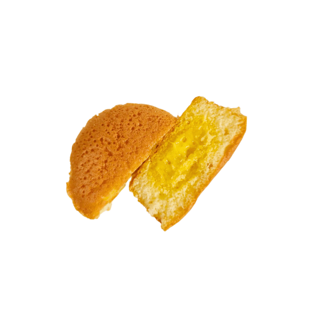 Two pieces of the custard soft cake on a white background