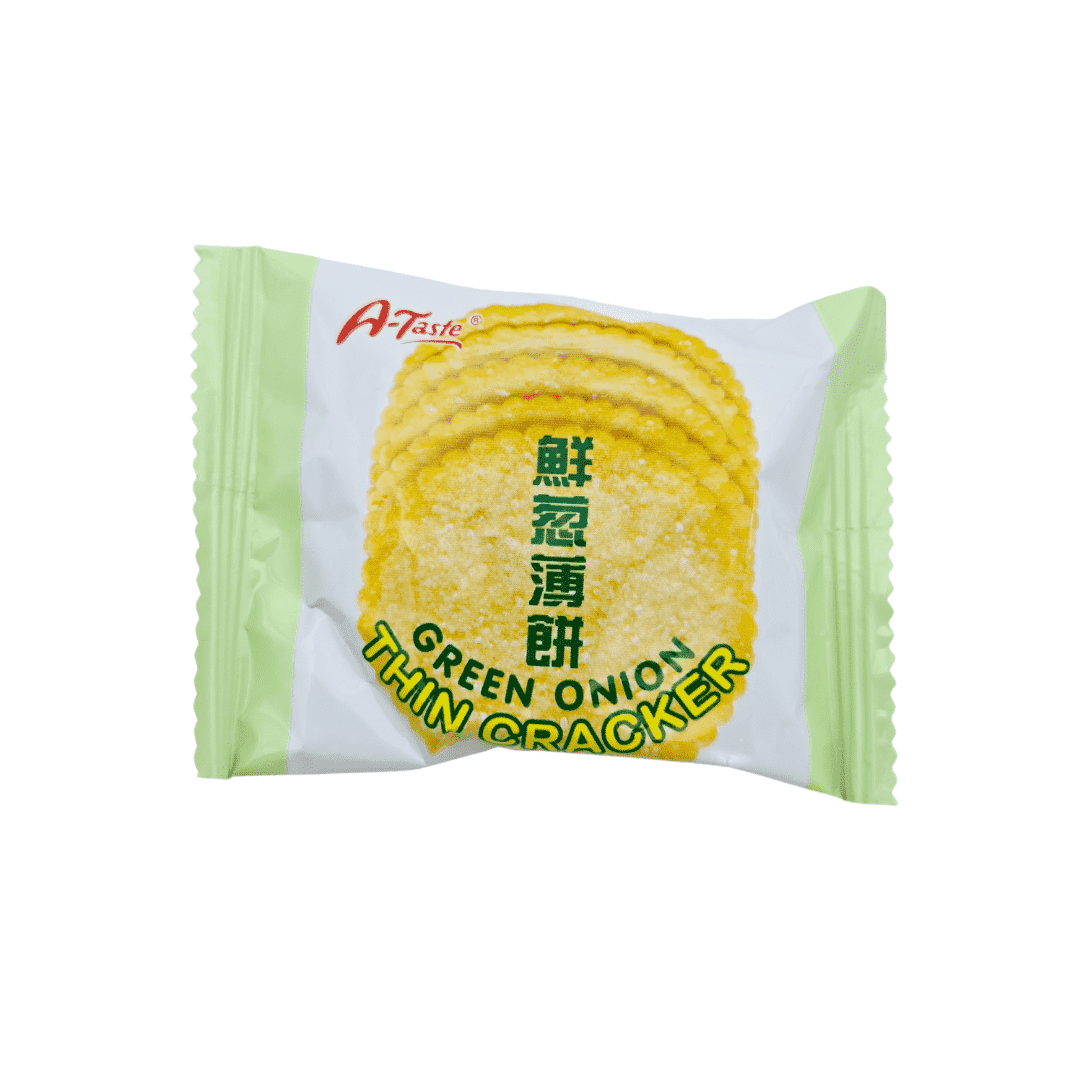 A package of A-Taste Green Onion Thin Crackers, a delightful Asian snack featuring an image of the crackers and Chinese text.