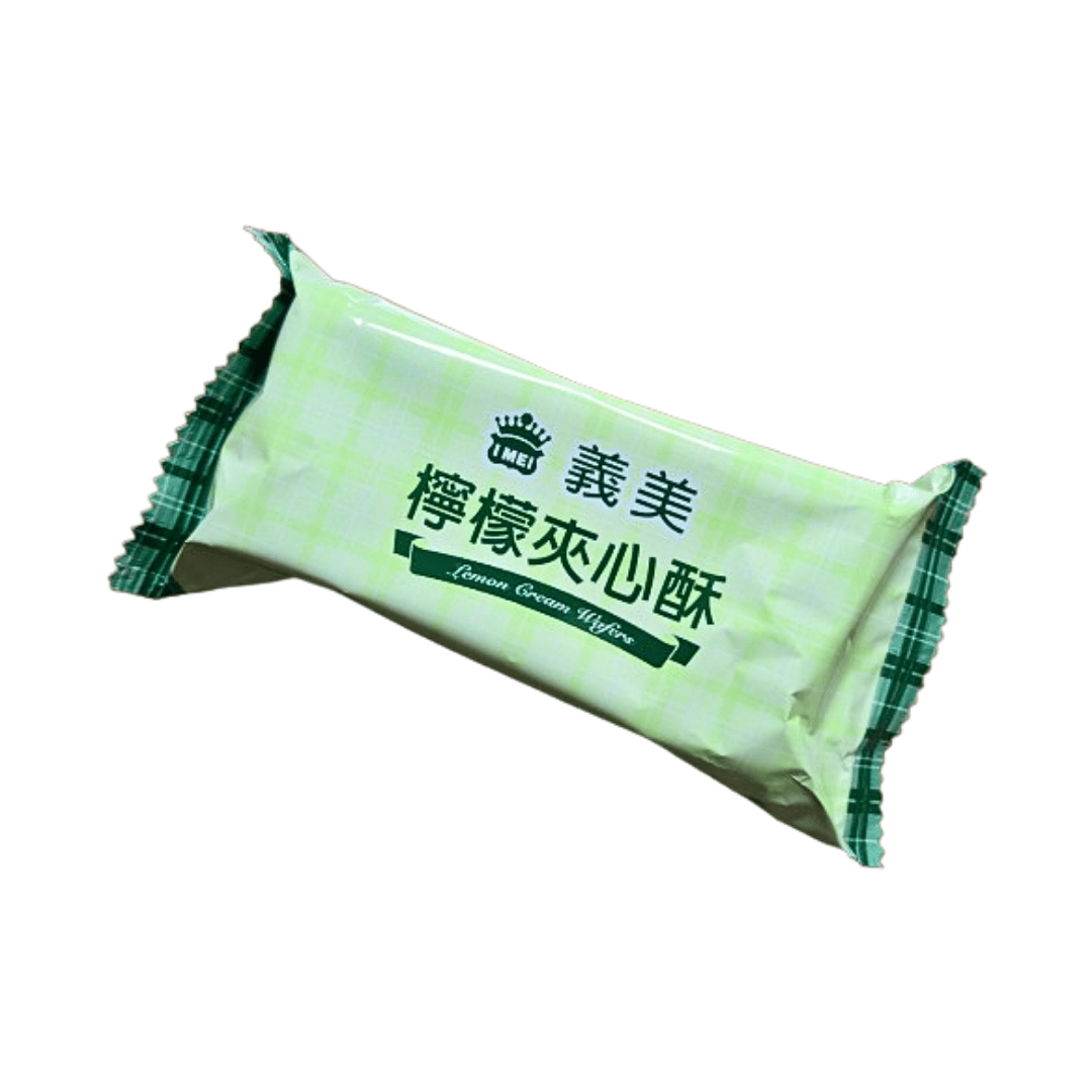 An I-Mei lemon cream wafer snack wrapped in a light green package with Chinese characters "檸檬來心酥" and English text "Lemon Cream Wafers."