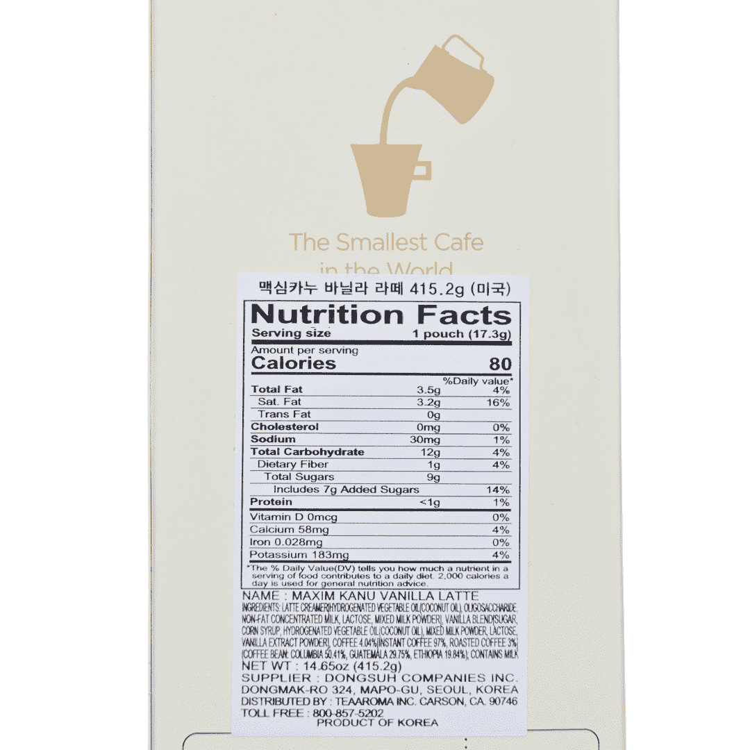 Kanu vanilla latter package with nutrition facts.