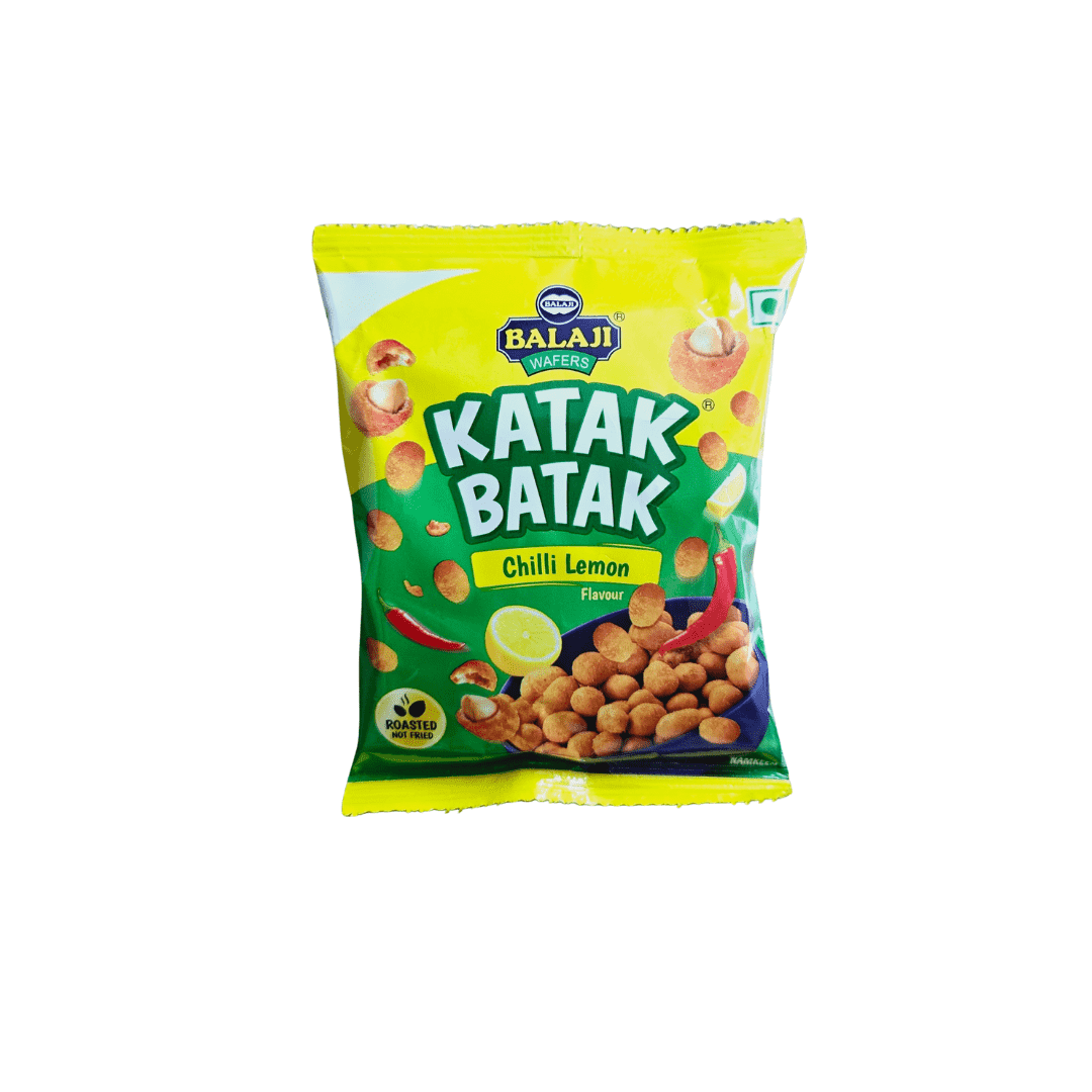 Katak Batak Chilli Lemon flavour text with green and yellow background and a bowl of nuts