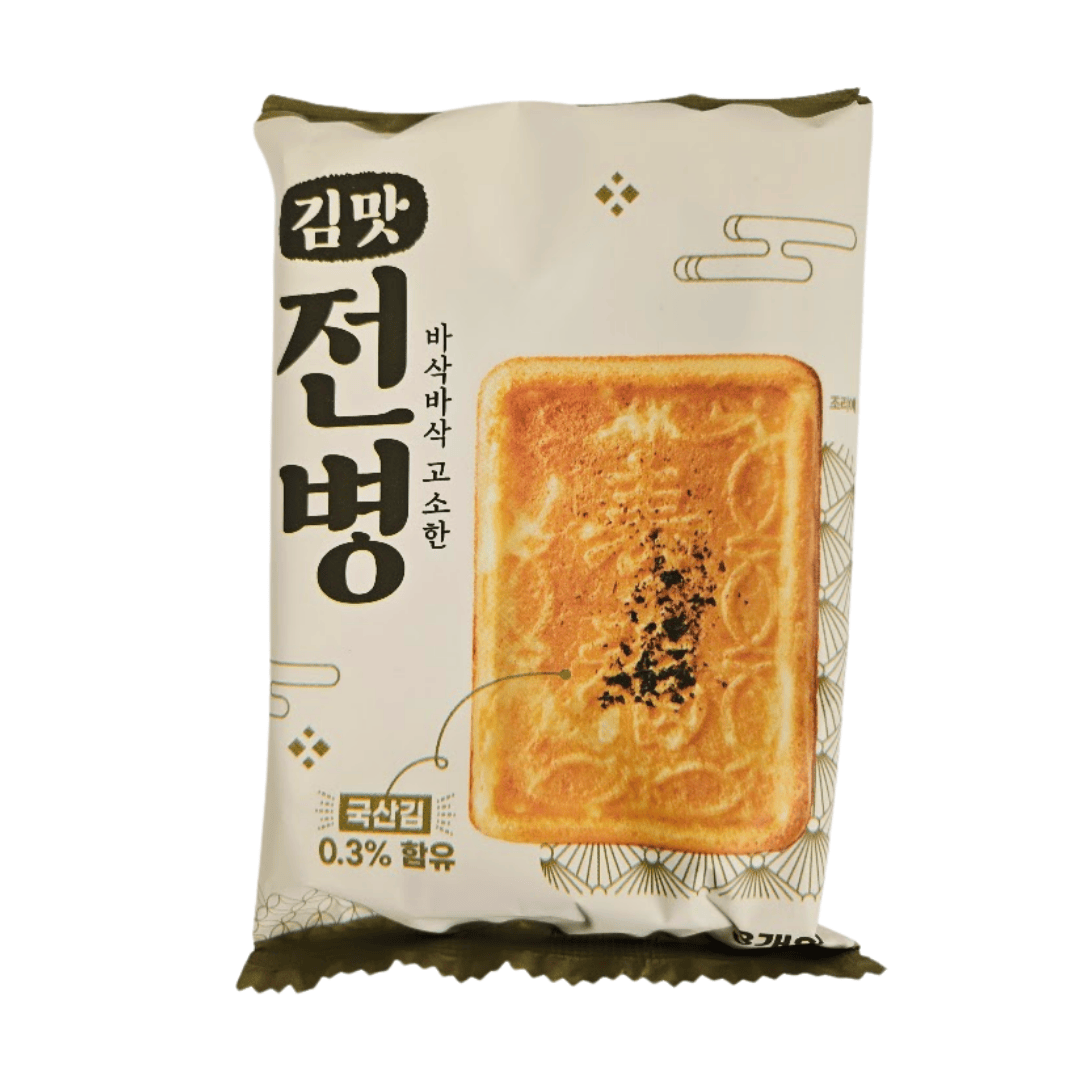 Package of Korean seaweed flavor cracker with an image of the cracker and Korean characters. 