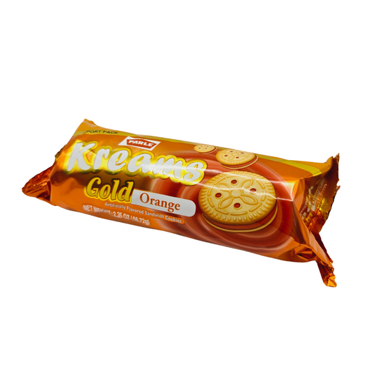 A packet of Parle Kreams Gold Orange biscuits, featuring orange cream-filled sandwich cookies. The packaging is orange with images of the cookies and the product name prominently displayed.