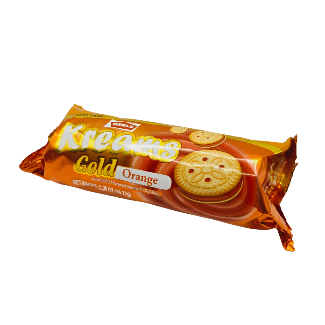 A packet of Parle Kreams Gold Orange biscuits, featuring orange cream-filled sandwich cookies. The packaging is orange with images of the cookies and the product name prominently displayed.