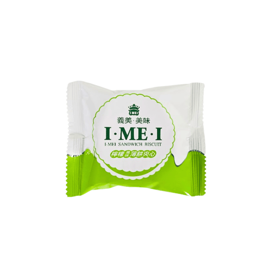 Front of I Mei Lemon Sandwich Biscuits in white and green packaging.