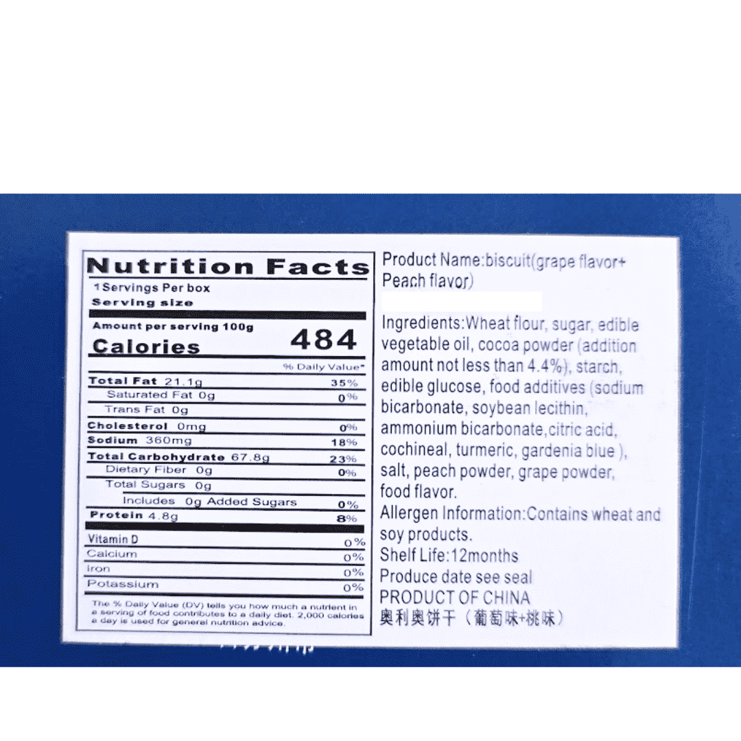 Oreo - grape peach flavor list of nutrition facts and ingredients.