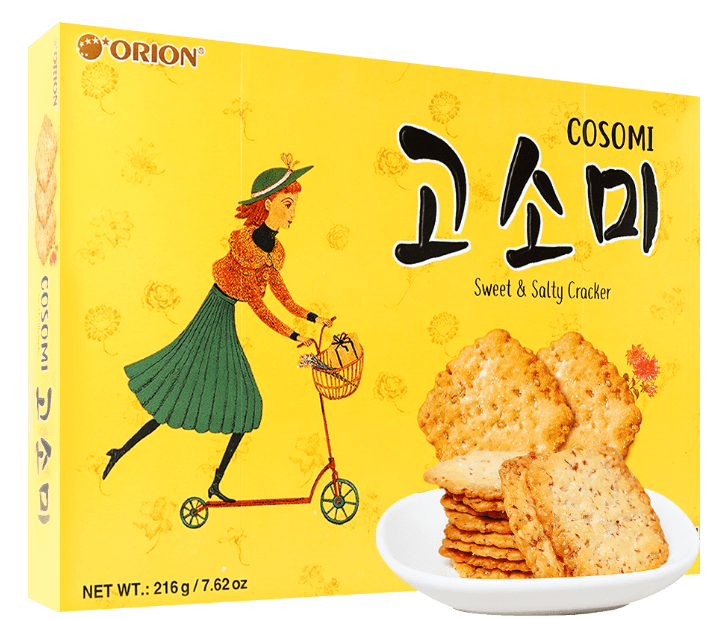 A yellow box packaging for the Orion Cosomi crackers