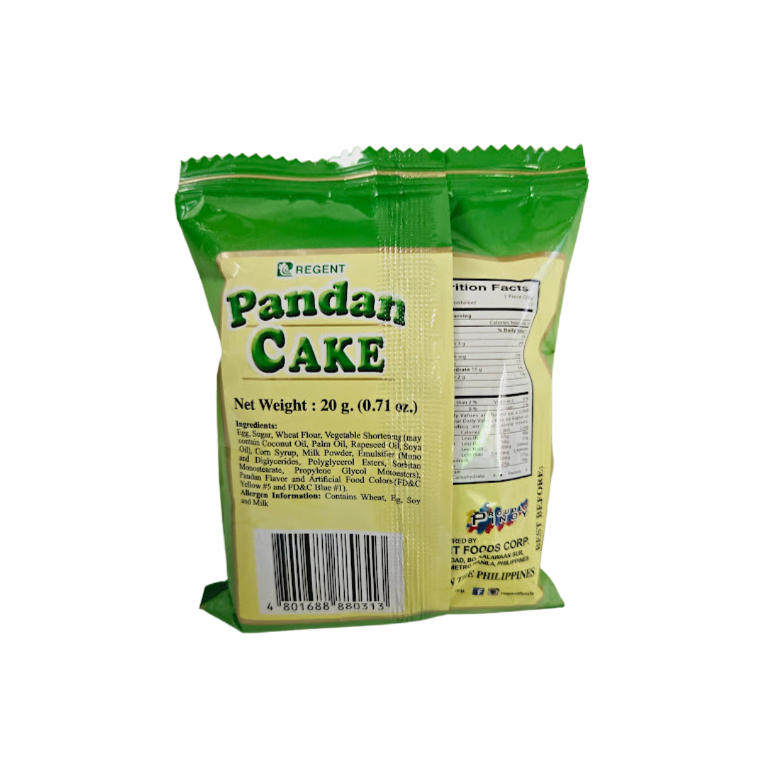 Back side of the Regent Pandan Cake packaging showing the ingredients and nutrition facts.