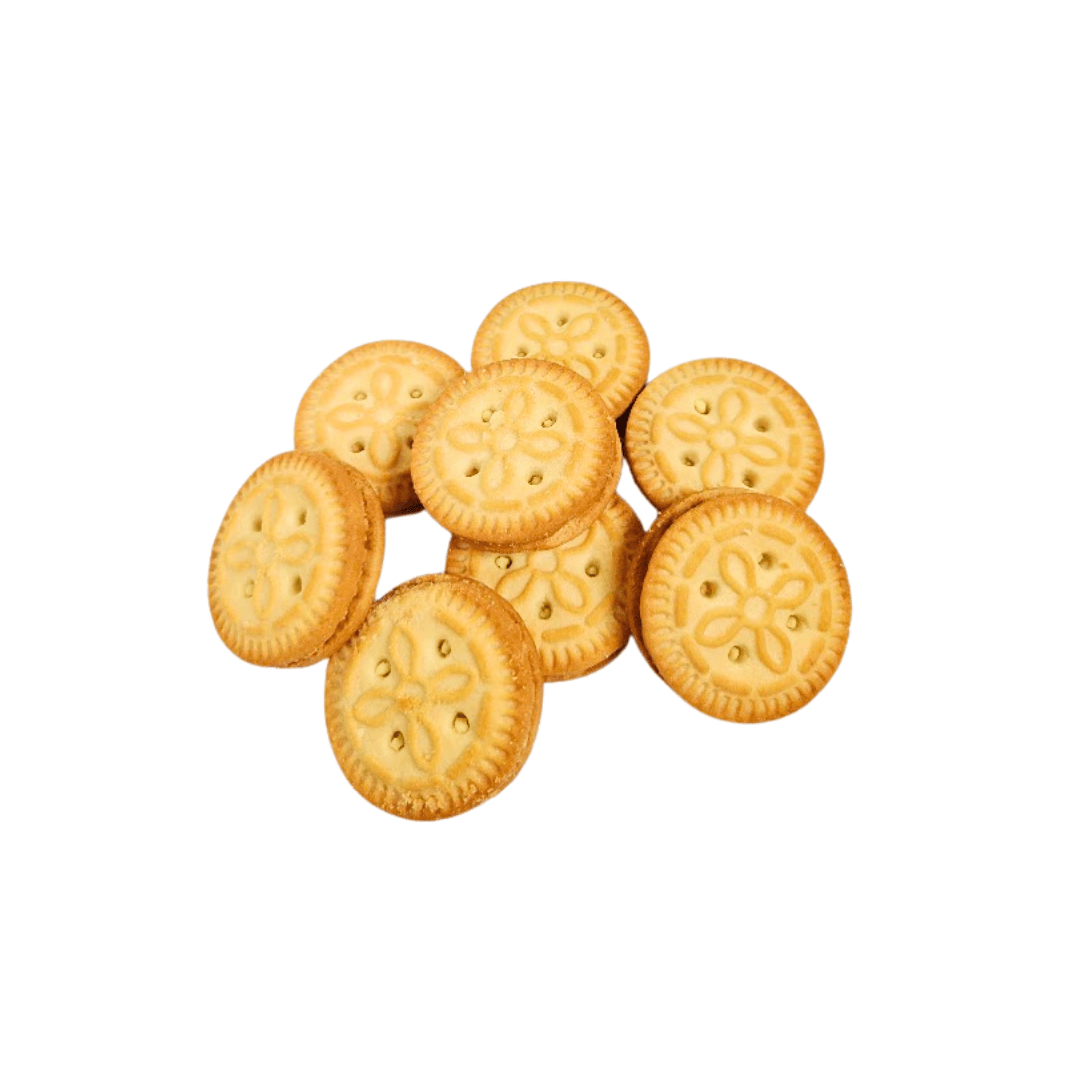 Stack of round Parle Kream Gold Pineapple cookies with a pattern on a white background