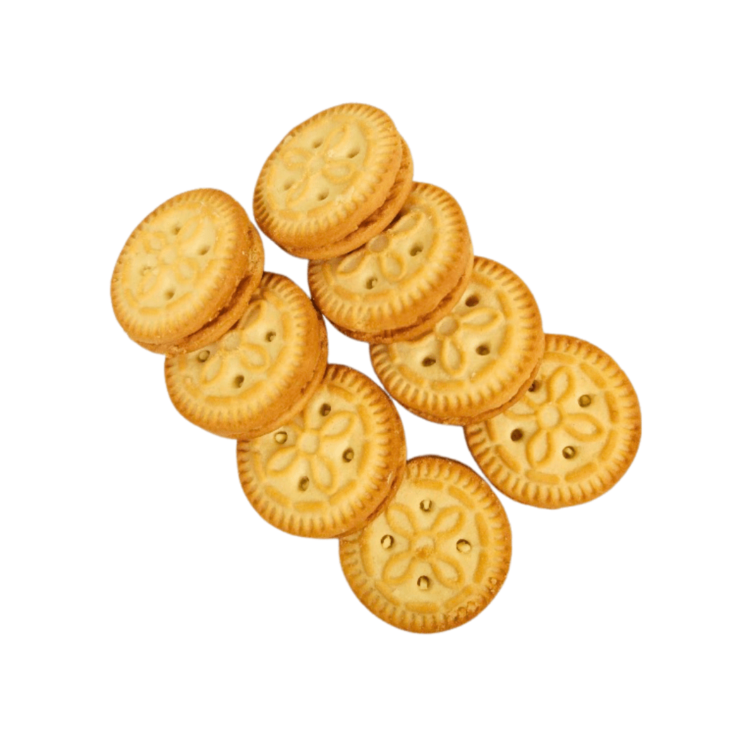 Stack of round Parle Kreams Gold Pineapple cookies with decorative edges on a white background