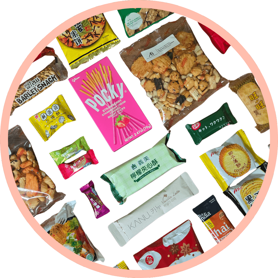 Circle image with peach outline and Asian snacks in the middle