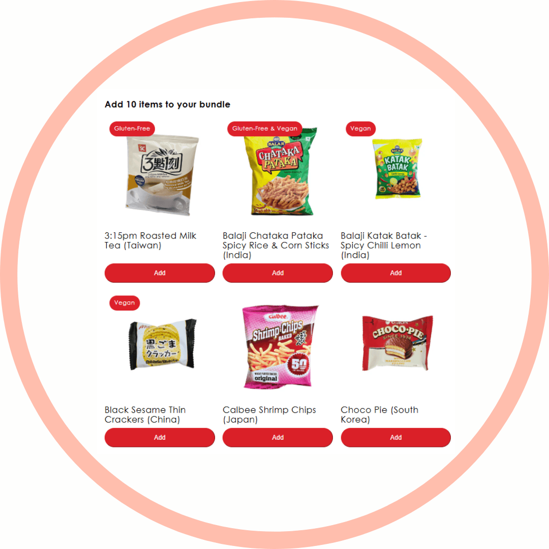 Circle image with peach outline and 6 Asian snacks in the middle