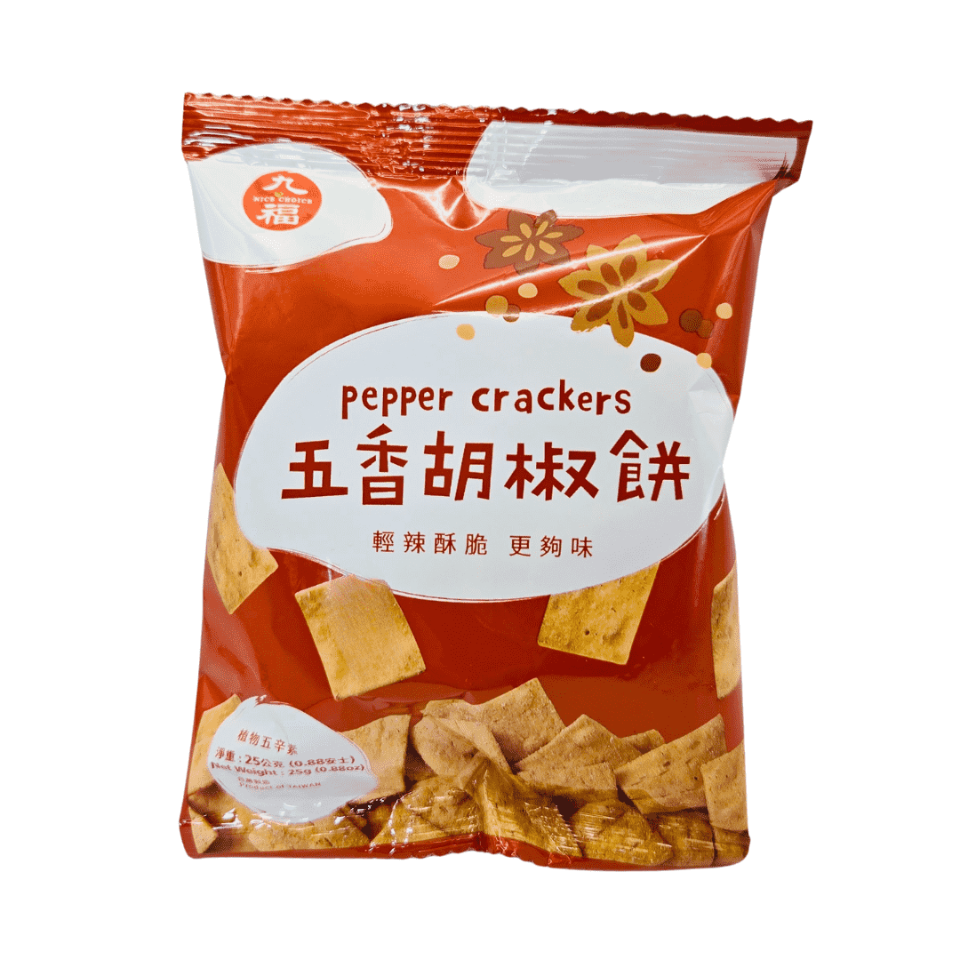 A red package of pepper-flavored crackers with images of the crackers, featuring text in both English and Chinese. 