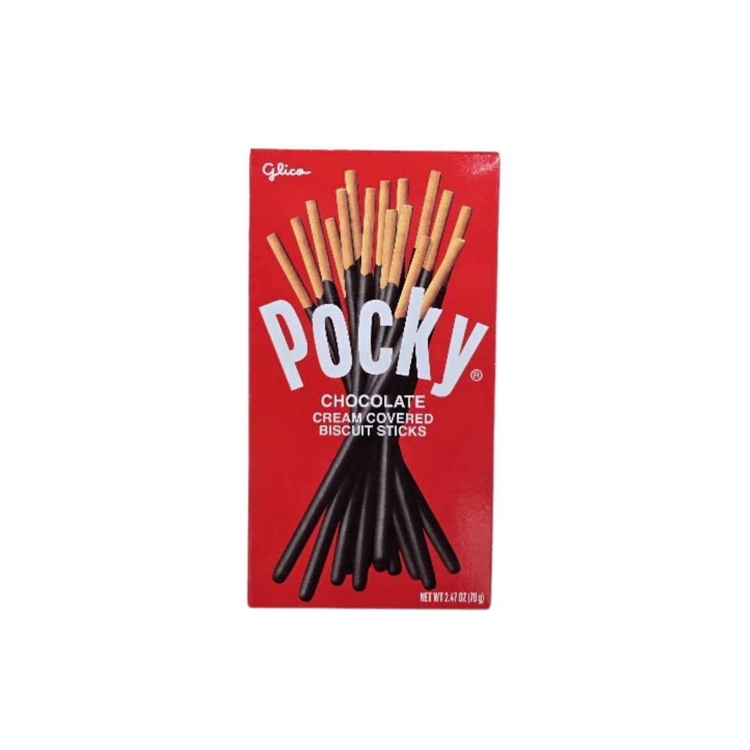 A box of Pocky Chocolate Cream Covered Biscuit Sticks. The packaging features an image of the chocolate flavored biscuit sticks arranged in a fan shape, set against a red background. The text on the box indicates the product name and net weight of 2.47 oz (70g).