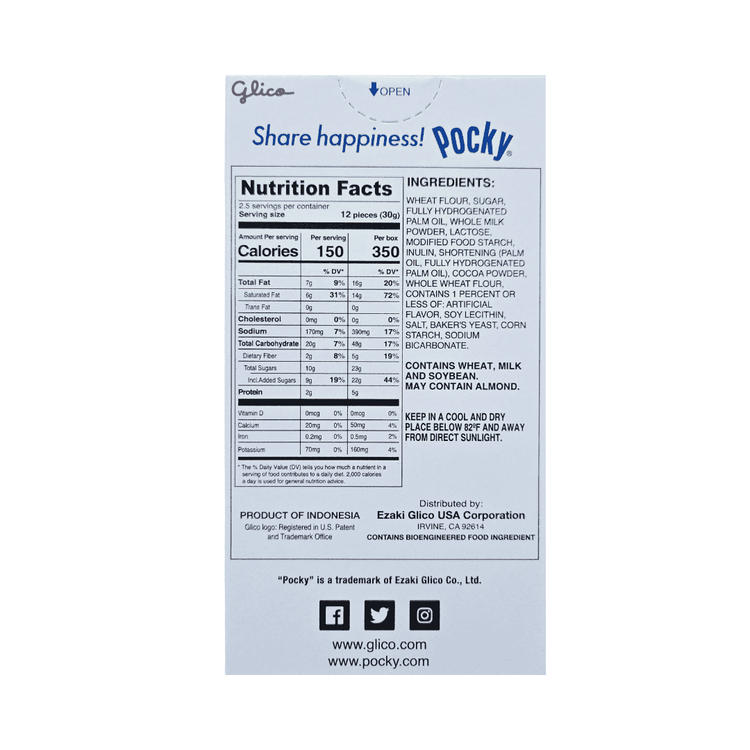 Back side of the box of Pocky Cookies and Cream Covered Biscuit Sticks with the ingredients and nutrition facts listed.