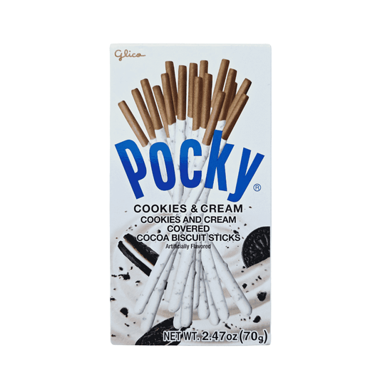 A box of Pocky Cookies and Cream Covered Biscuit Sticks. The packaging features an image of the cookies and cream-flavored biscuit sticks arranged in a fan shape, set against a white background. The text on the box indicates the product name and net weight of 2.47 oz (70g).