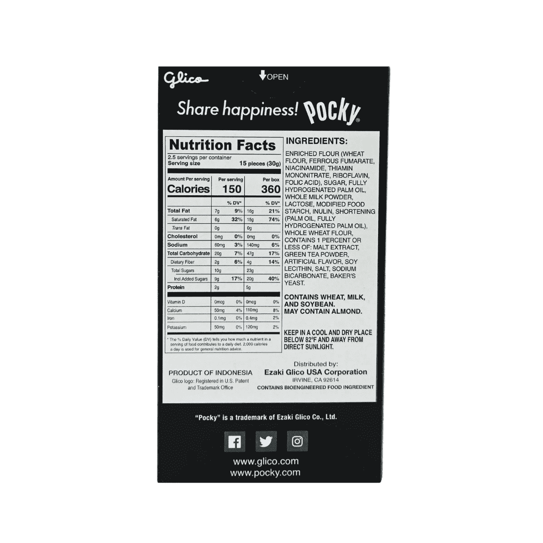 Back side of the box of Pocky Matcha Green Tea Cream Covered Biscuit Sticks with the ingredients and nutrition facts listed.