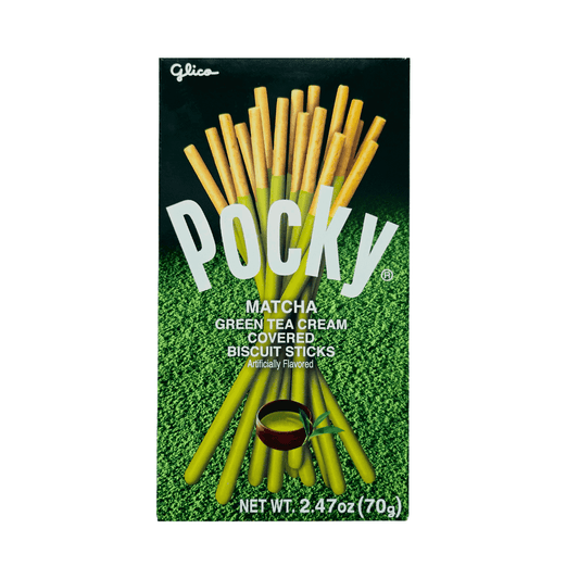 A box of Pocky Matcha Green Tea Cream Covered Biscuit Sticks. The packaging features an image of the green tea-flavored biscuit sticks arranged in a fan shape, set against a green background. The text on the box indicates the product name and net weight of 2.47 oz (70g).