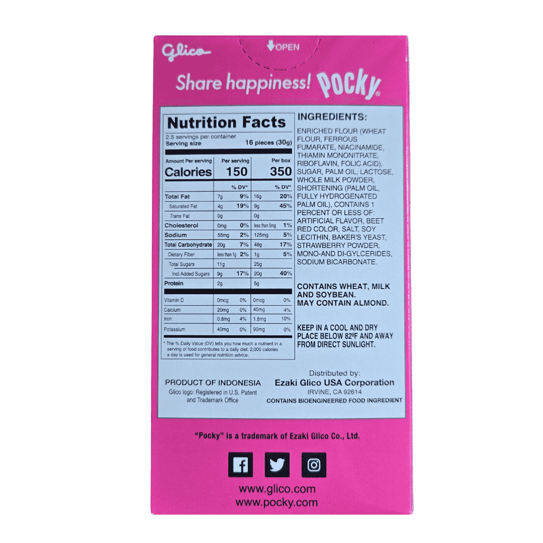 Back side of the box of Pocky Strawberry Cream Covered Biscuit Sticks with the ingredients and nutrition facts listed.