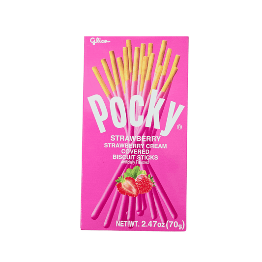 A box of Pocky Strawberry Cream Covered Biscuit Sticks. The packaging features an image of the strawberry-flavored biscuit sticks arranged in a fan shape, set against a pick background. The text on the box indicates the product name and net weight of 2.47 oz (70g).