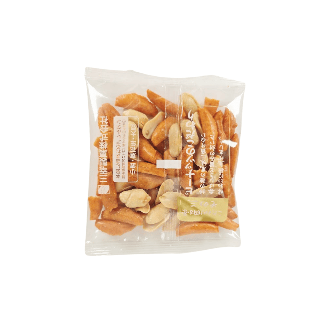 A clear plastic package containing a mix of Sanko Kakinotane rice crackers and peanuts. The packaging features Japanese text and small golden peanut illustrations.