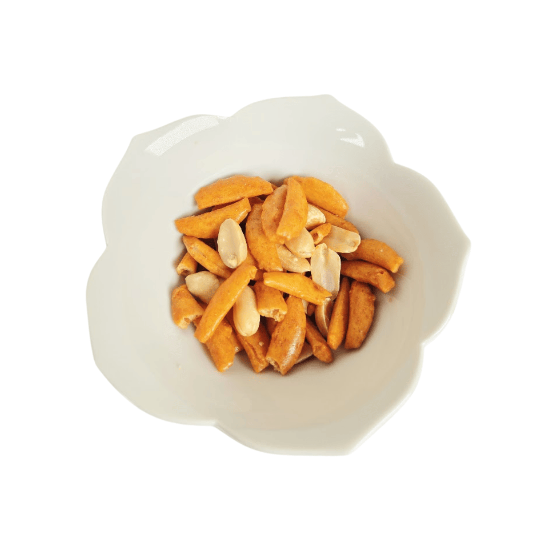 Japanese Sanko Kakinotane rice crackers and peanuts in a bowl