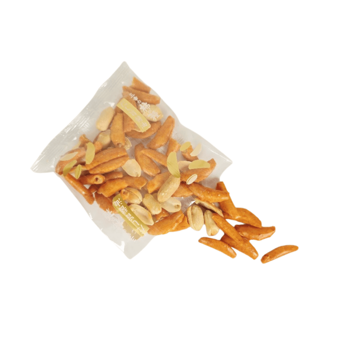 Japanese Sanko Kakinotane rice crackers and peanuts coming out of the clear plastic packaging