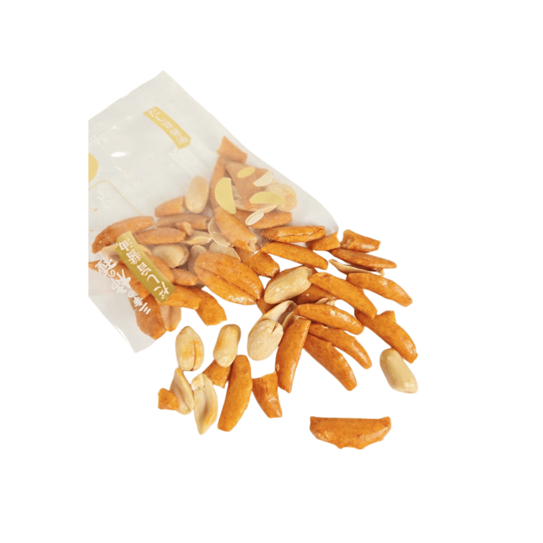 Japanese Sanko Kakinotane rice crackers and peanuts coming out of the clear plastic packaging
