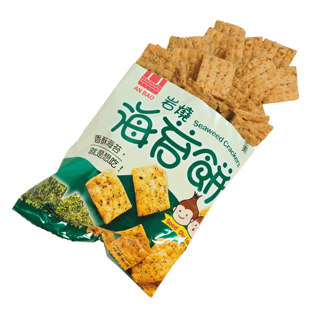 Packaged seaweed crackers with a visible brand logo on a white background