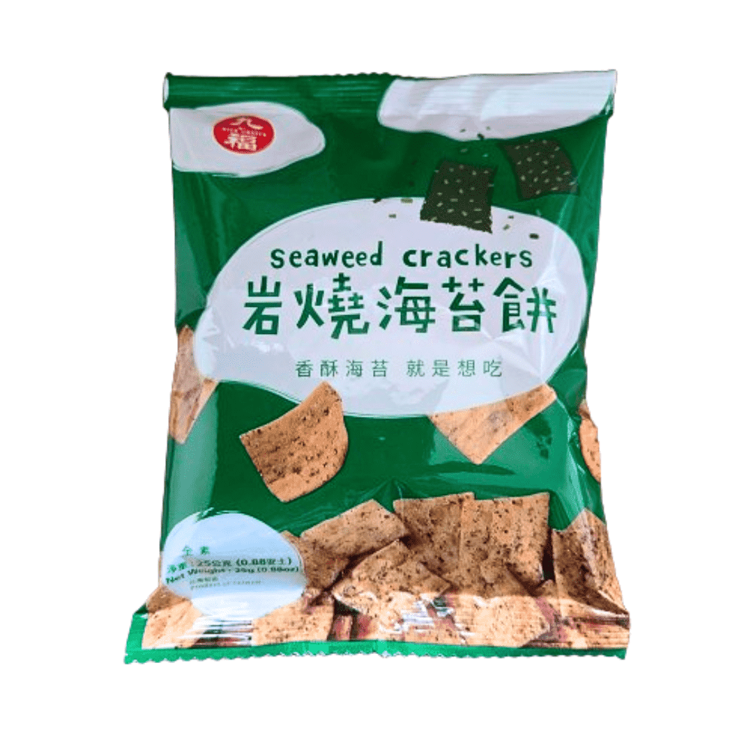 A green package of seaweed crackers with images of the crackers and seaweed pieces, featuring text in both English and Chinese. The packaging highlights the crispy and savory seaweed flavor.