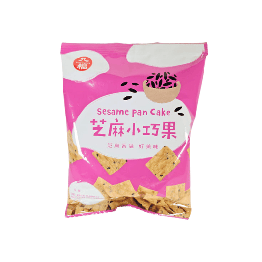 Pink package of sesame pan cake with images and text on a white background