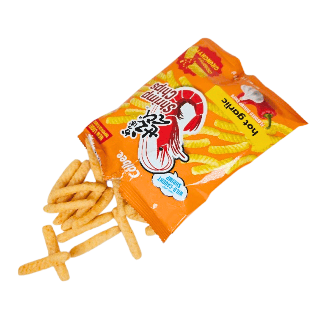 Orange hot garlic shrimp chips bag with shrimp chips inside 