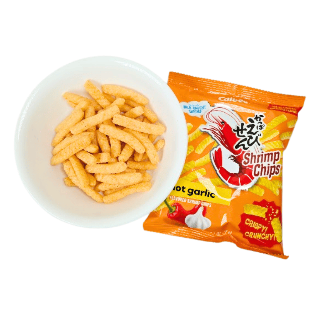 Hot garlic shrimp chips in a bowl with their packaging on a white background