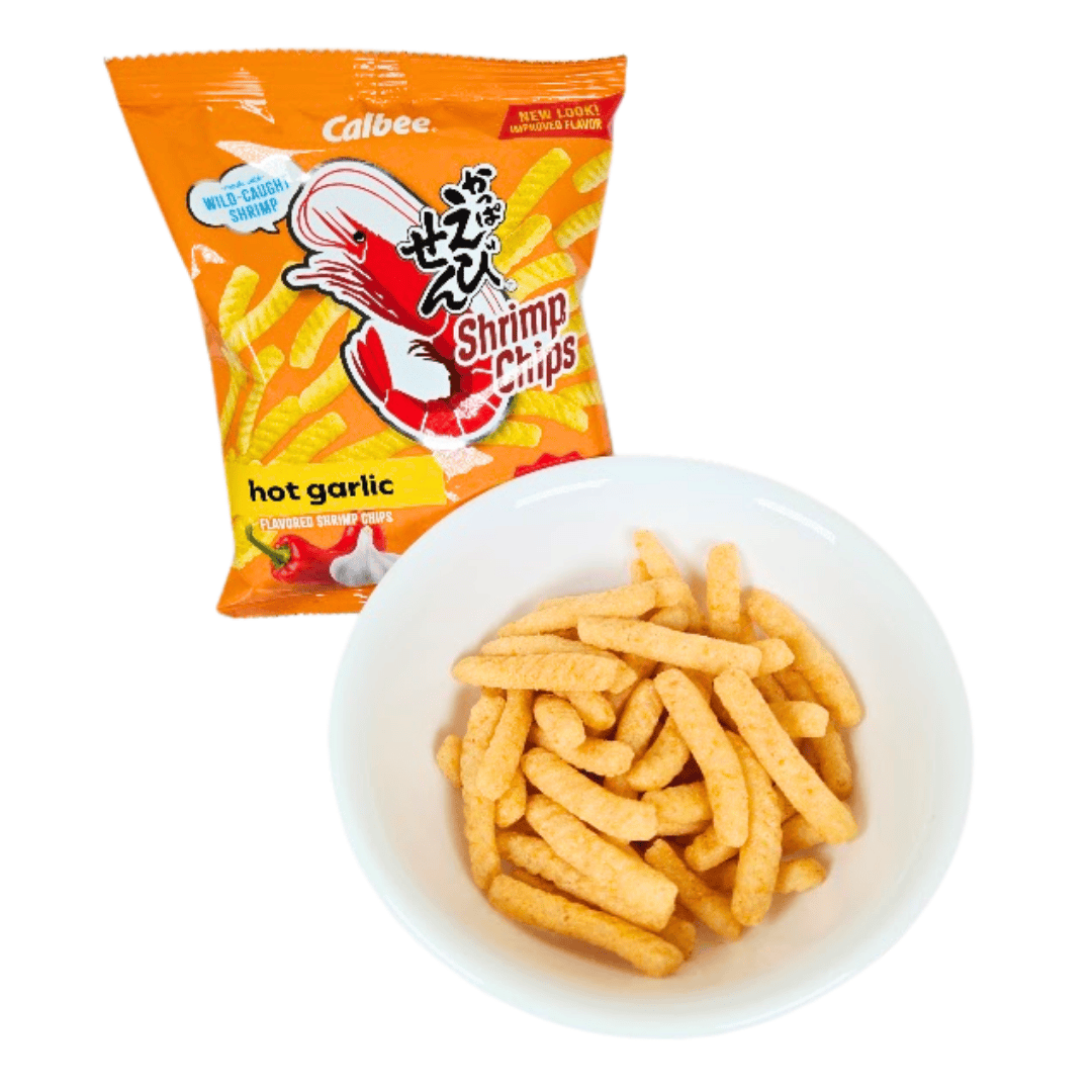Calbee hot garlic Shrimp Chips in a bowl with packaging on a white background