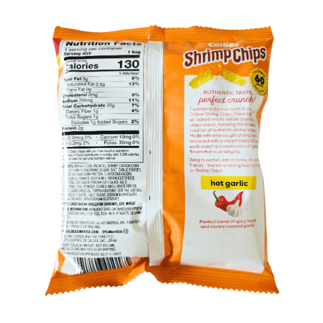 Shrimp chips hot garlic packaging with nutritional information on a white background