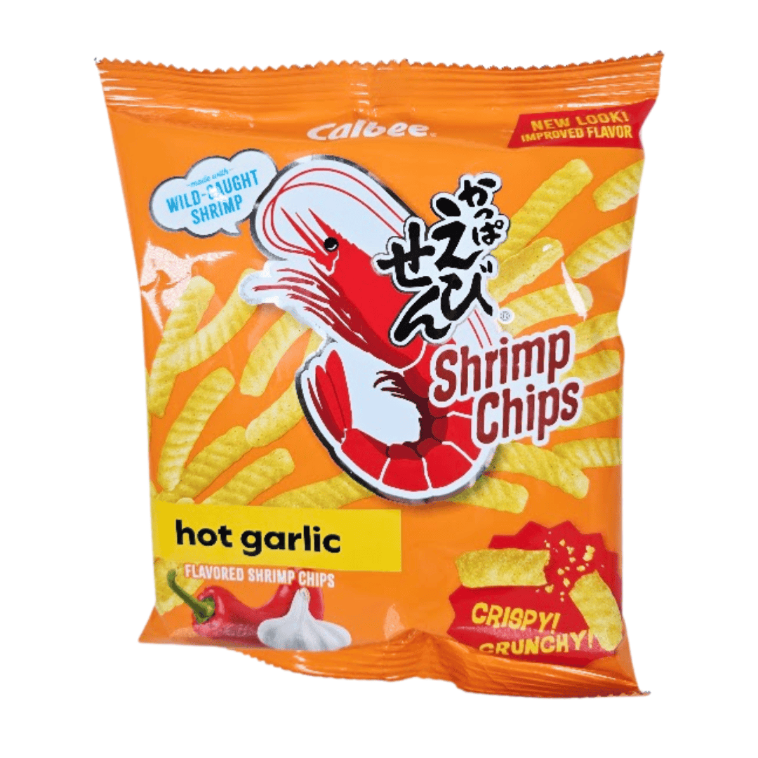 Packaging of Calbee Shrimp Chips hot garlic flavor with a shrimp illustration on an orange background