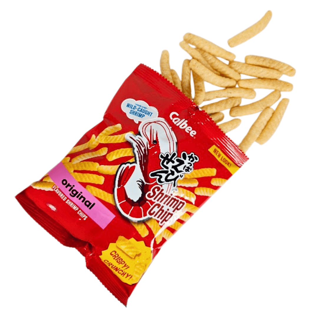 Calbee Shrimp Chip original flavor packaging with chips coming out of the bag