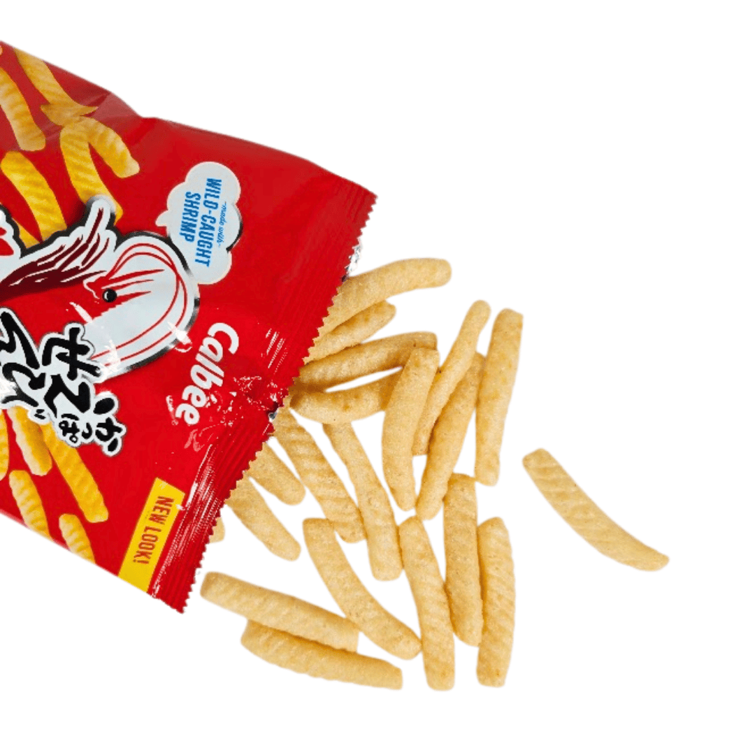 Individual Calbee Shrimp Chips original flavor being poured out of the package.