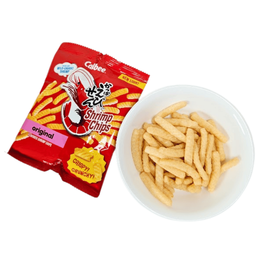 Calbee shrimp chips original flavor packaging and a bowl of chips on a white background