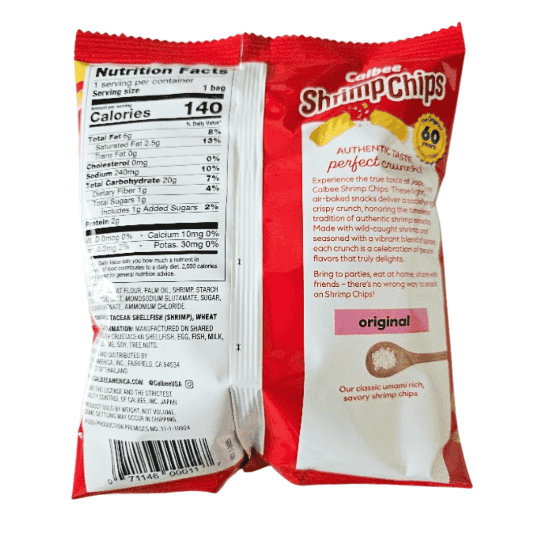 Back of Calbee Shrimp Chips packaging with nutrition facts label on a white background