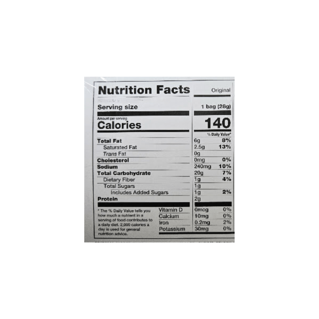 Shrimp Chips original flavor nutrition facts label on a white background