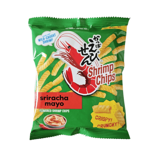 Shrimp chips packaging with green background and shrimp illustration