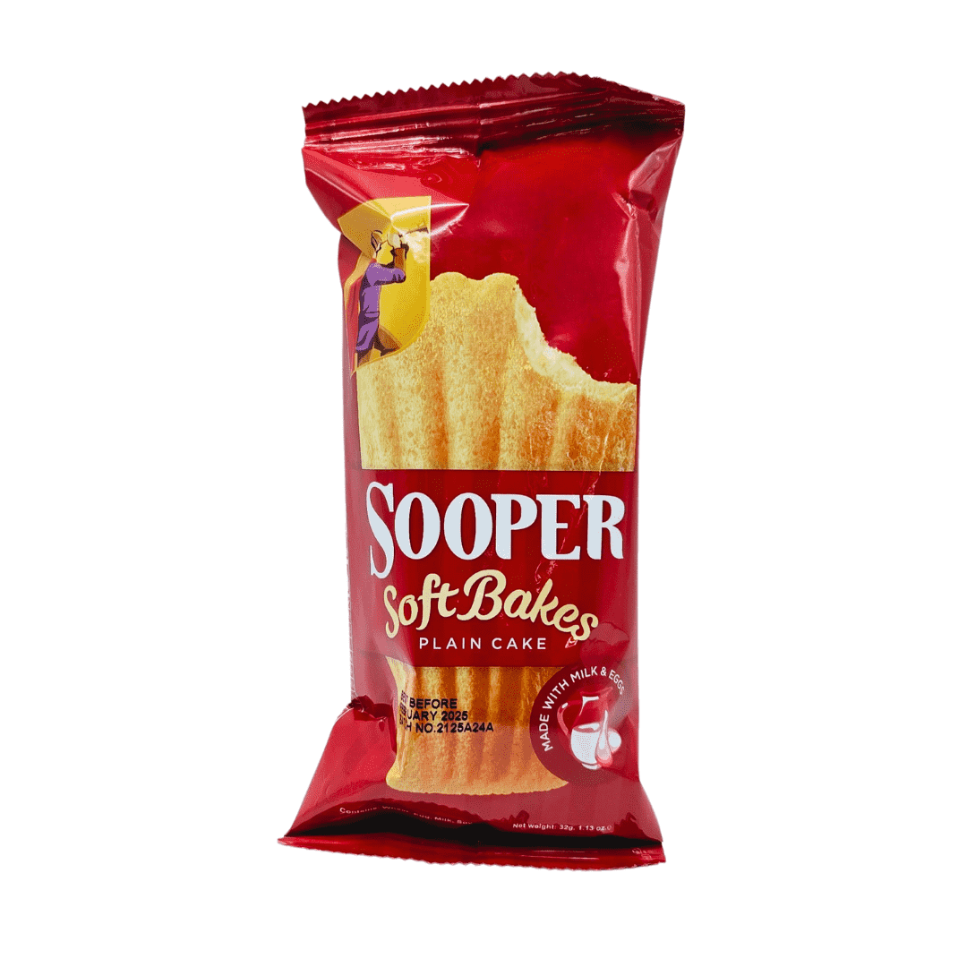 A packet of Sooper Soft Bakes Plain Cake, featuring an image of a plain cake on the front. The packaging is primarily red with white text displaying the product name and description.