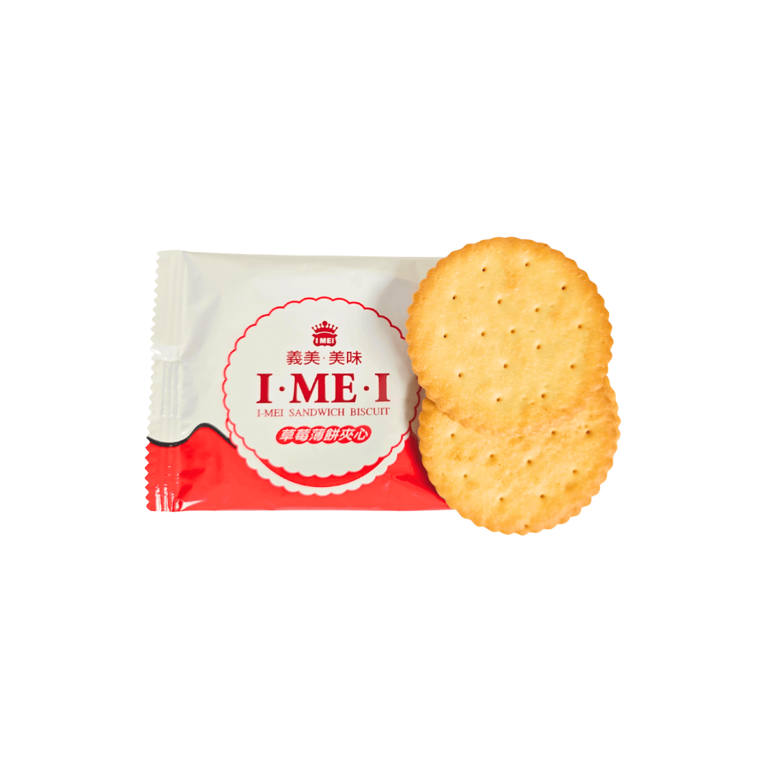 2 strawberry sandwich biscuits with white and red I Mei packaging